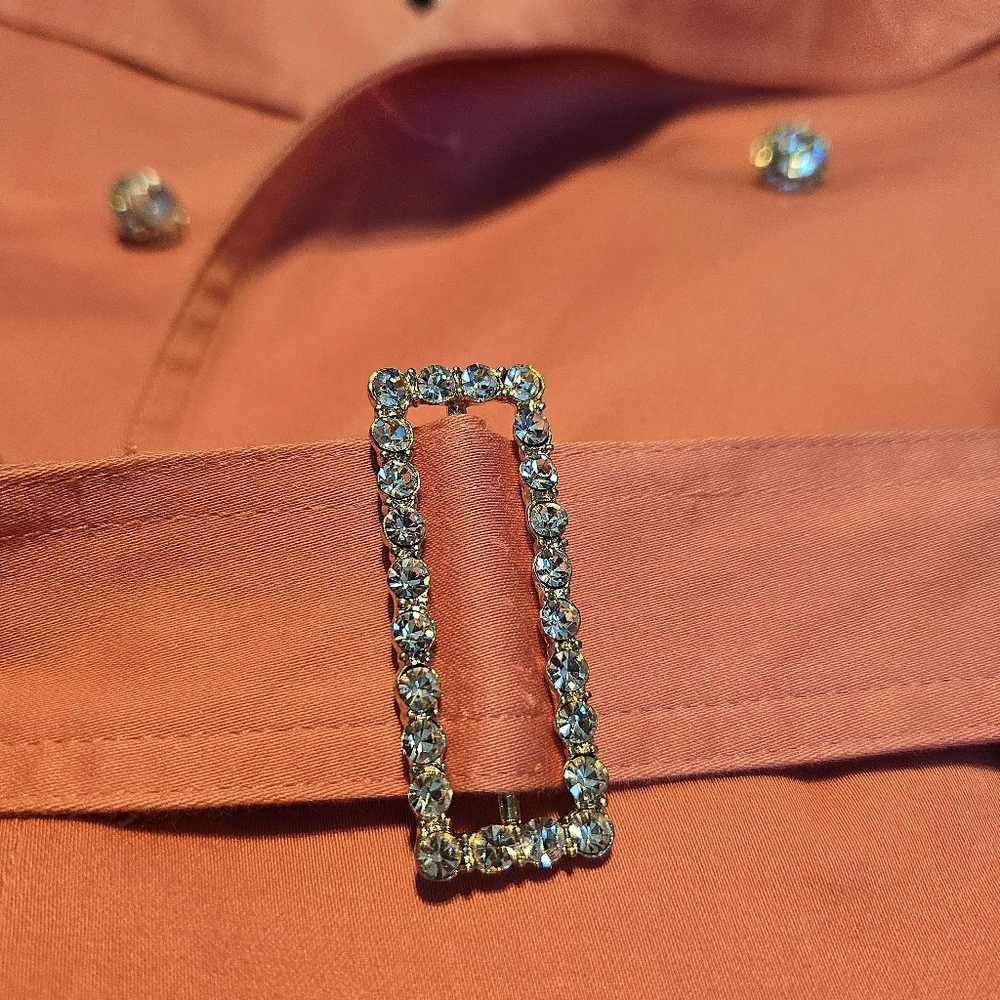 FLAWED* Midi Trench Coat Salmon Pink, Rhinestone Buttons/Belt Zebra Print Lining - Picture 3 of 12
